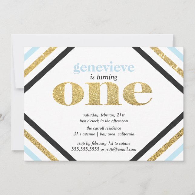 Invitación de primer cumpleaños de Purpurina Gold (Anverso)