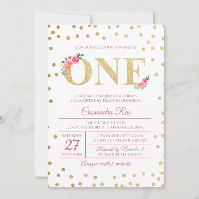 Invitación de primer cumpleaños de Purpurina Rosa  (Anverso)
