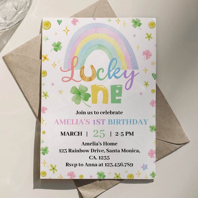 Invitación de primer cumpleaños de Rainbow Lucky O (Subido por el creador)