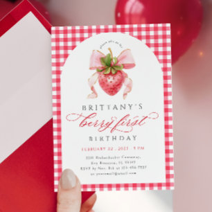 Invitación de primer cumpleaños de Red Gingham Ber