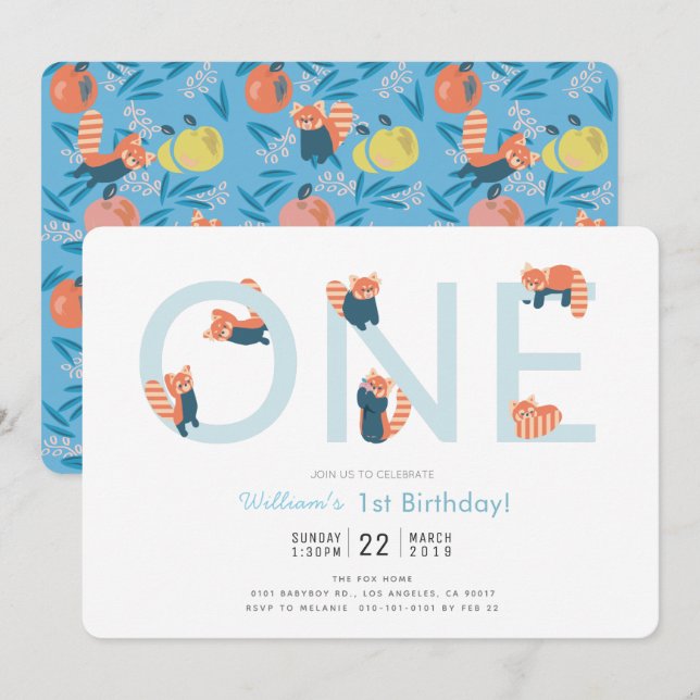 Invitación de primer cumpleaños de Red Panda Blue  (Anverso / Reverso)