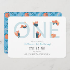 Invitación de primer cumpleaños de Red Panda Blue