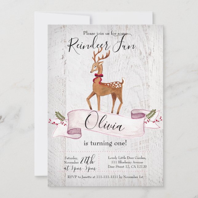 Invitación de primer cumpleaños de Reindeer Fun (Anverso)