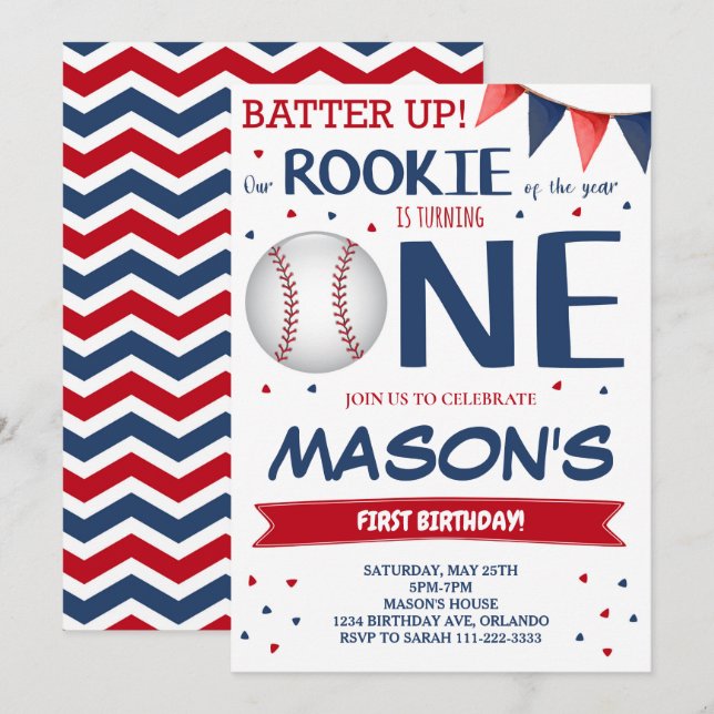 Invitación de primer cumpleaños de Rookie of the Y (Anverso / Reverso)