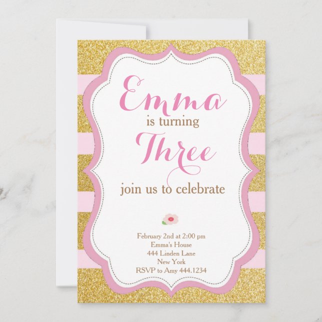 Invitación de primer cumpleaños de Rosa y oro (Anverso)