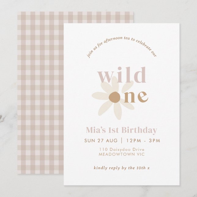 Invitación de primer cumpleaños de Rubor Boho Dais (Anverso / Reverso)