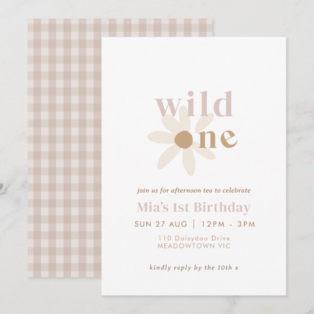 Invitación de primer cumpleaños de Rubor Boho Dais (Anverso / Reverso)