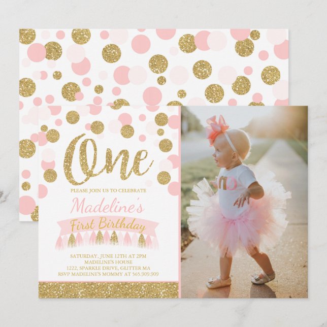 Invitación de primer cumpleaños de Rubor Pink and  (Anverso / Reverso)