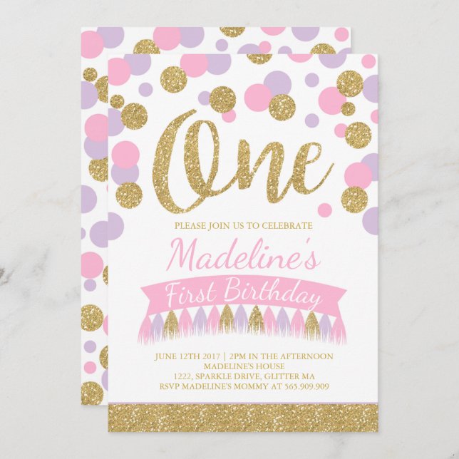 Invitación de primer cumpleaños de Rubor Pink and  (Anverso / Reverso)