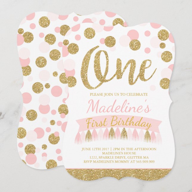Invitación de primer cumpleaños de Rubor Pink and  (Anverso / Reverso)
