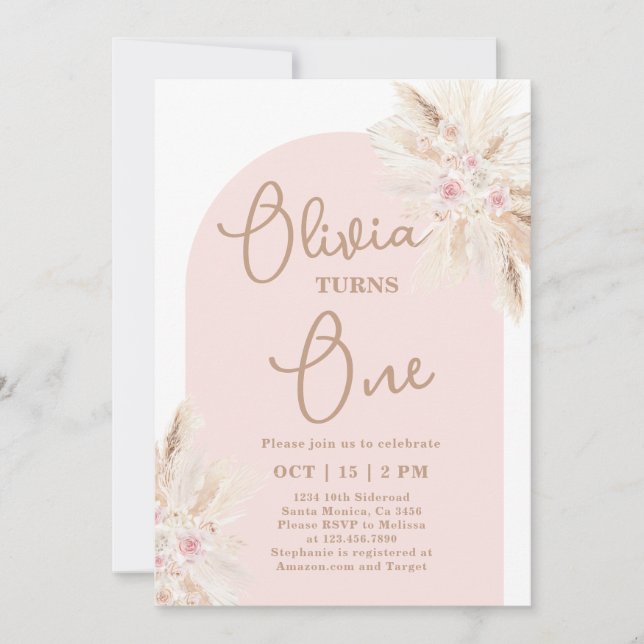 Invitación de primer cumpleaños de Rubor Pink Trop (Anverso)