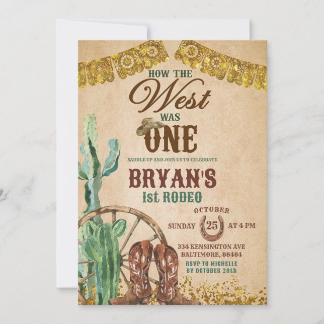Invitación de primer cumpleaños de Rustic Rodeo Co (Anverso)