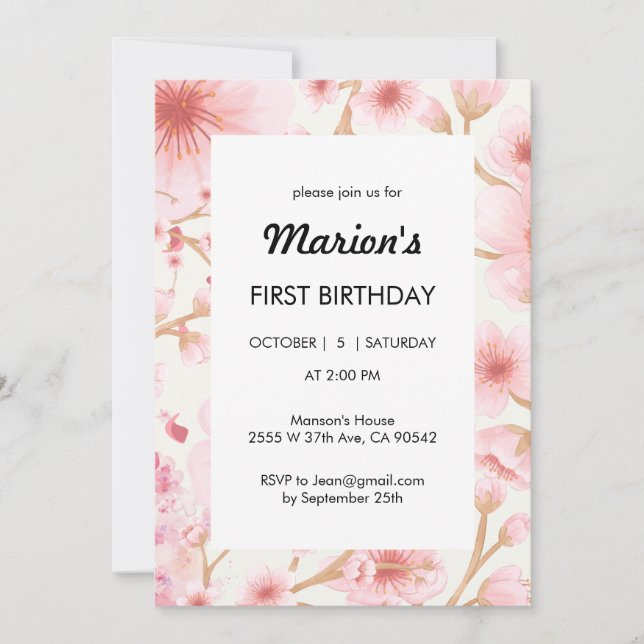 Invitación de primer cumpleaños de Sakura (Anverso)
