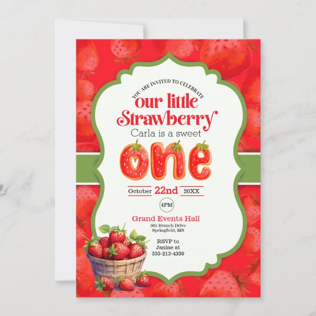 Invitación de primer cumpleaños de Strawberry (Anverso)
