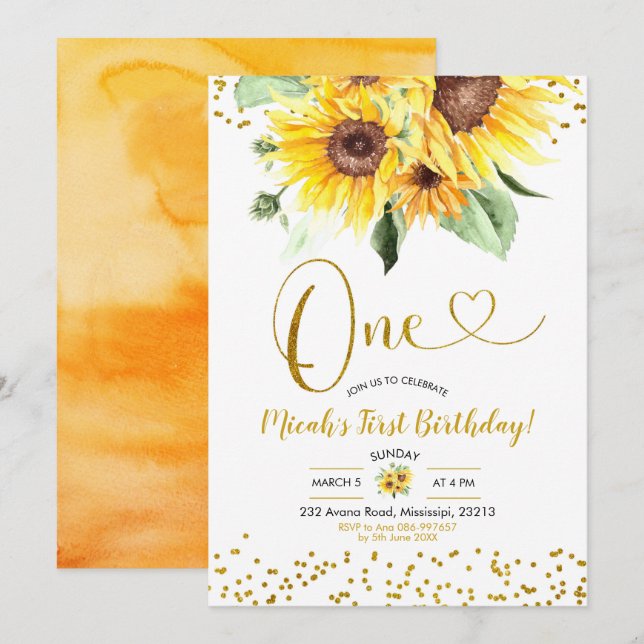 Invitación de primer cumpleaños de Sunflower (Anverso / Reverso)
