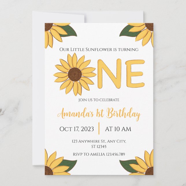 Invitación de primer cumpleaños de Sunflower (Anverso)