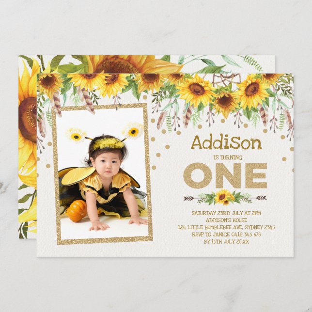 Invitación de primer cumpleaños de Sunflower Bumbl (Anverso / Reverso)