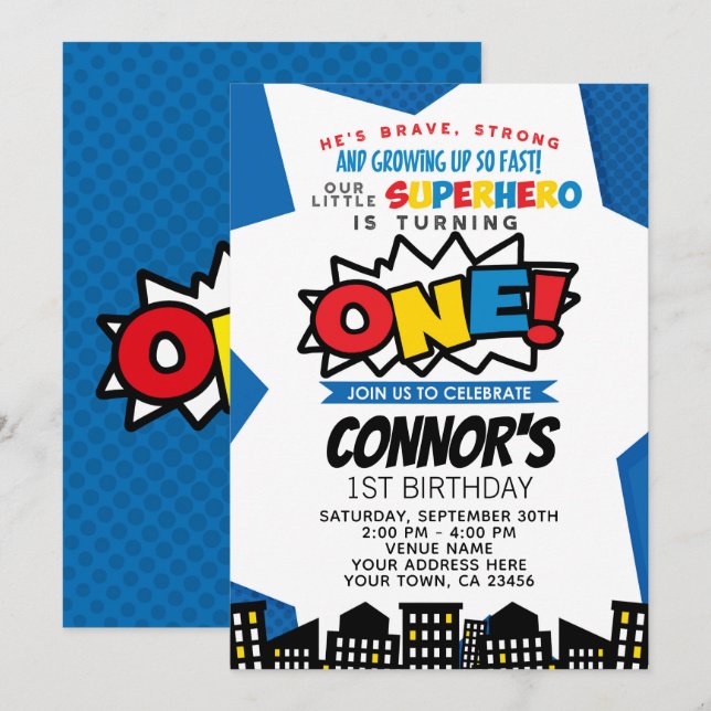 Invitación de primer cumpleaños de superhéroe (Anverso / Reverso)