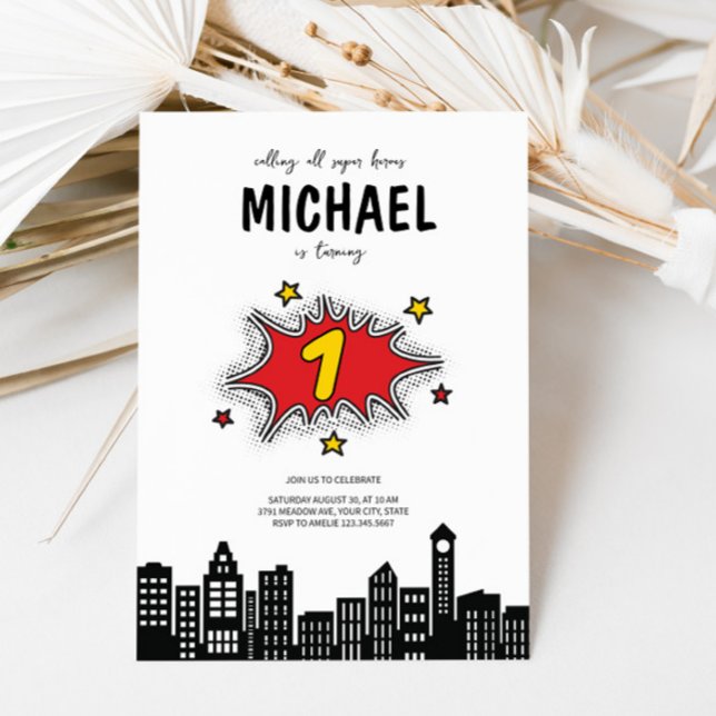 Invitación de primer cumpleaños de superhéroe diná (Subido por el creador)