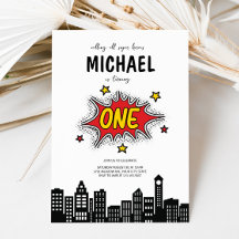 Invitación de primer cumpleaños de superhéroe diná