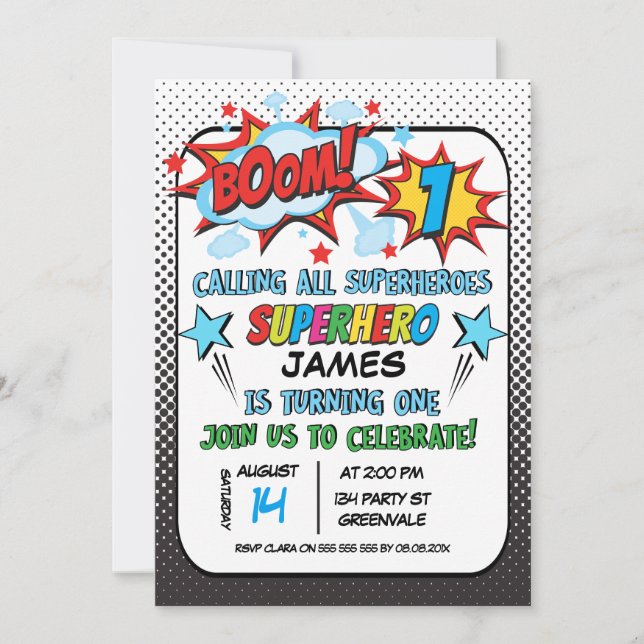 Invitación de primer cumpleaños de Superhéroe masc (Anverso)