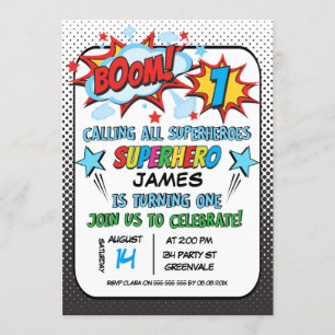 Invitación de primer cumpleaños de Superhéroe masc