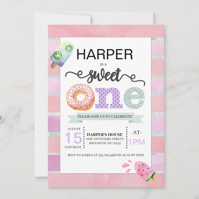Invitación de primer cumpleaños de Sweet One (Anverso)