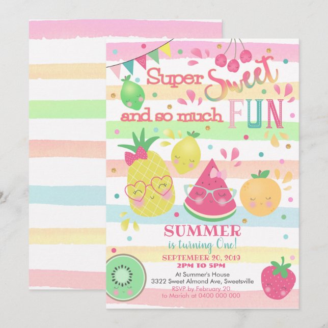 Invitación de primer cumpleaños de Sweet One (Anverso / Reverso)