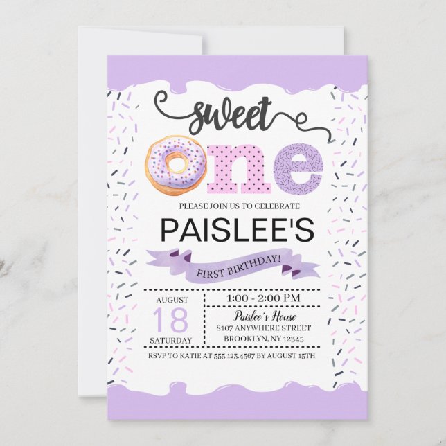 Invitación de primer cumpleaños de Sweet One (Anverso)