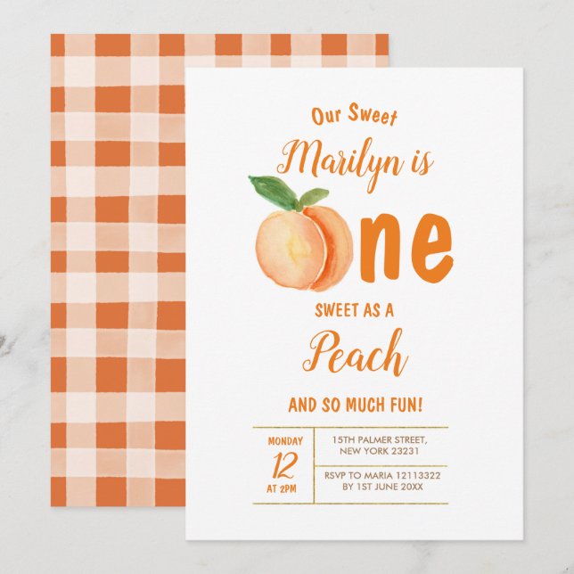 Invitación de primer cumpleaños de Sweet One Peach (Anverso / Reverso)