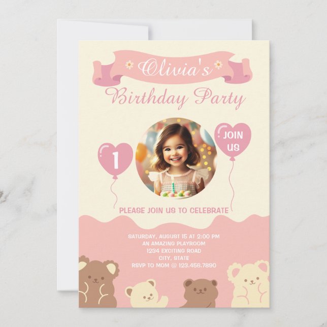 Invitación de primer cumpleaños de Sweet Teddy Bea (Anverso)