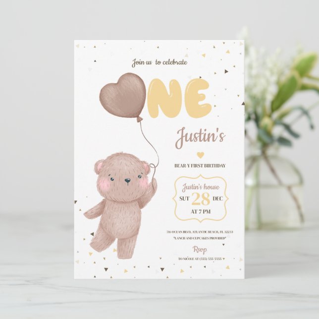 Invitación de primer cumpleaños de Teddy Bear (Anverso de pie)