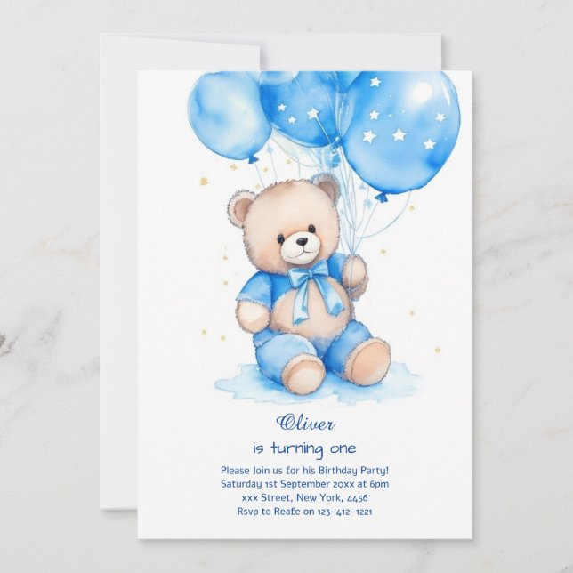 Invitación de primer cumpleaños de Teddy Bear Boy (Anverso)
