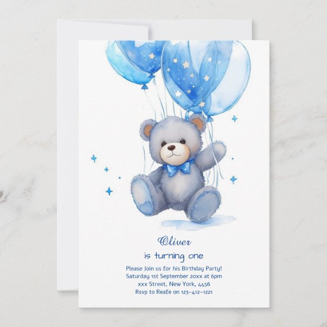 Invitación de primer cumpleaños de Teddy Bear Boy (Anverso)