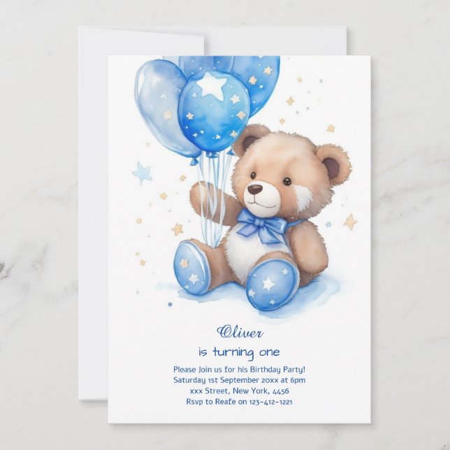 Invitación de primer cumpleaños de Teddy Bear Boy (Anverso)