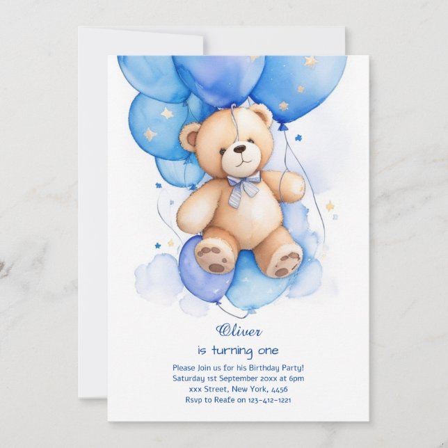 Invitación de primer cumpleaños de Teddy Bear Boy (Anverso)