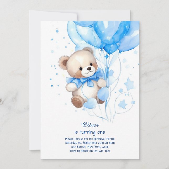 Invitación de primer cumpleaños de Teddy Bear Boy (Anverso)