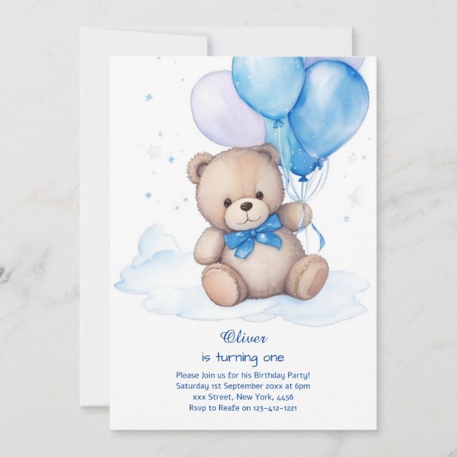 Invitación de primer cumpleaños de Teddy Bear Boy (Anverso)