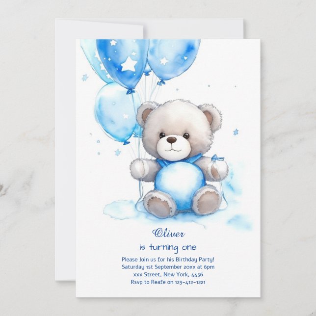Invitación de primer cumpleaños de Teddy Bear Boy (Anverso)
