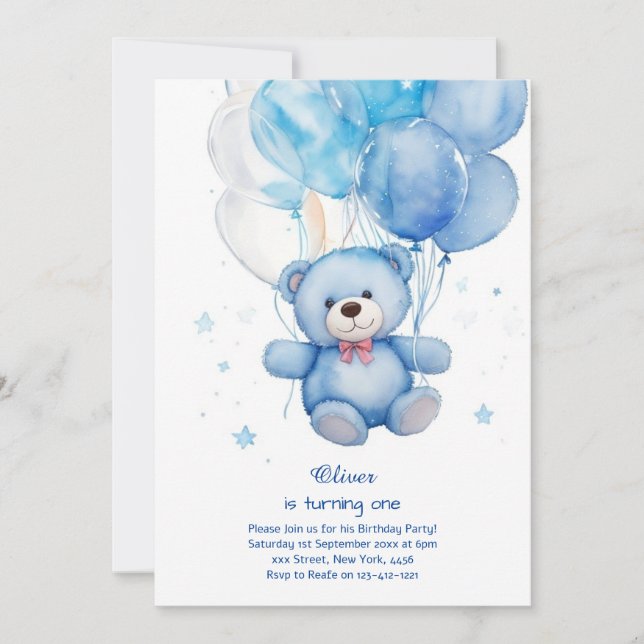 Invitación de primer cumpleaños de Teddy Bear Boy (Anverso)