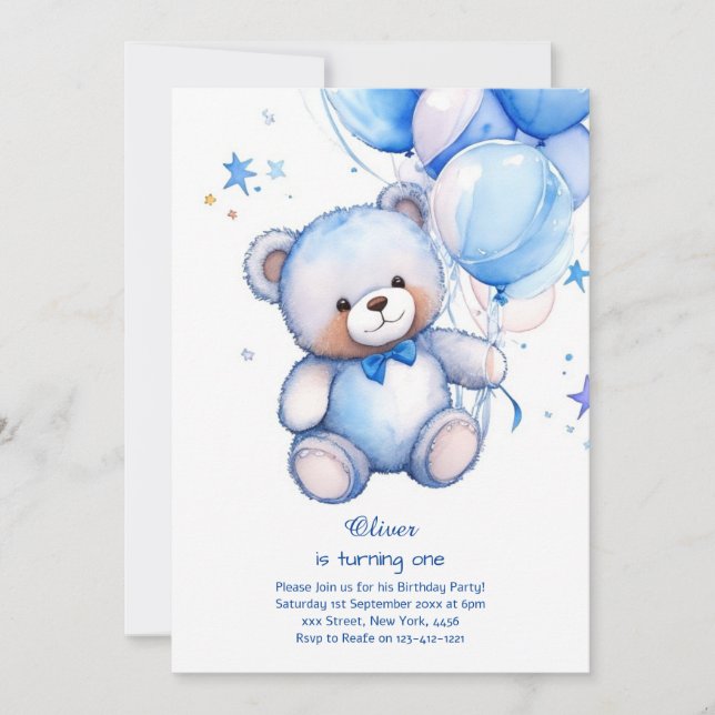 Invitación de primer cumpleaños de Teddy Bear Boy (Anverso)