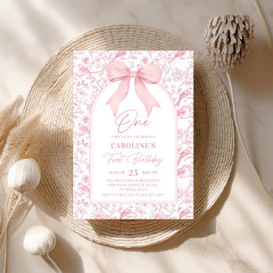 Invitación de primer cumpleaños de Toile Pink Bow