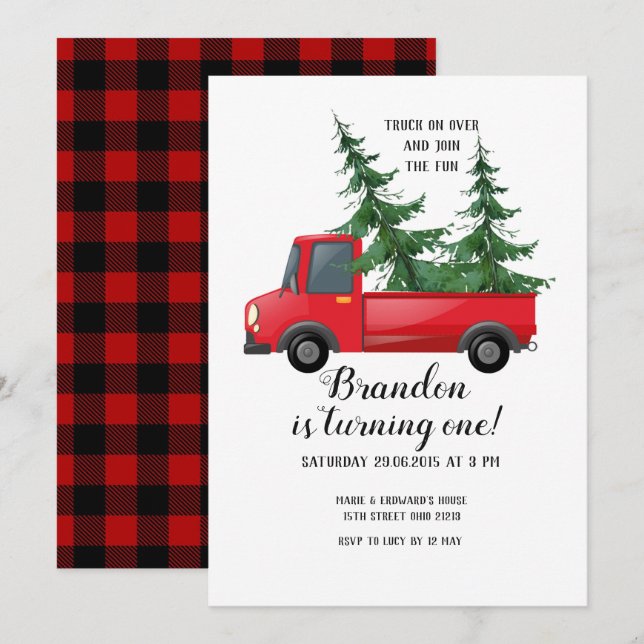 Invitación de primer cumpleaños de Truck Wood Red  (Anverso / Reverso)
