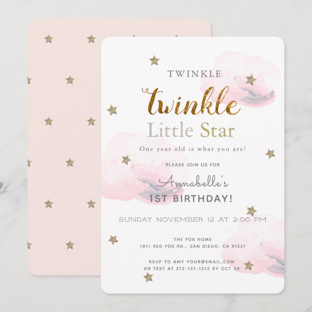 Invitación de primer cumpleaños de Twinkle Little  (Anverso / Reverso)