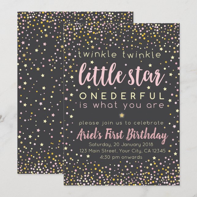 Invitación de primer cumpleaños de Twinkle Little  (Anverso / Reverso)