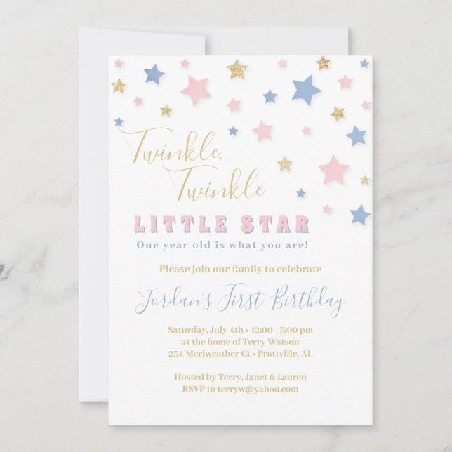 Invitación de primer cumpleaños de Twinkle Little  (Anverso)