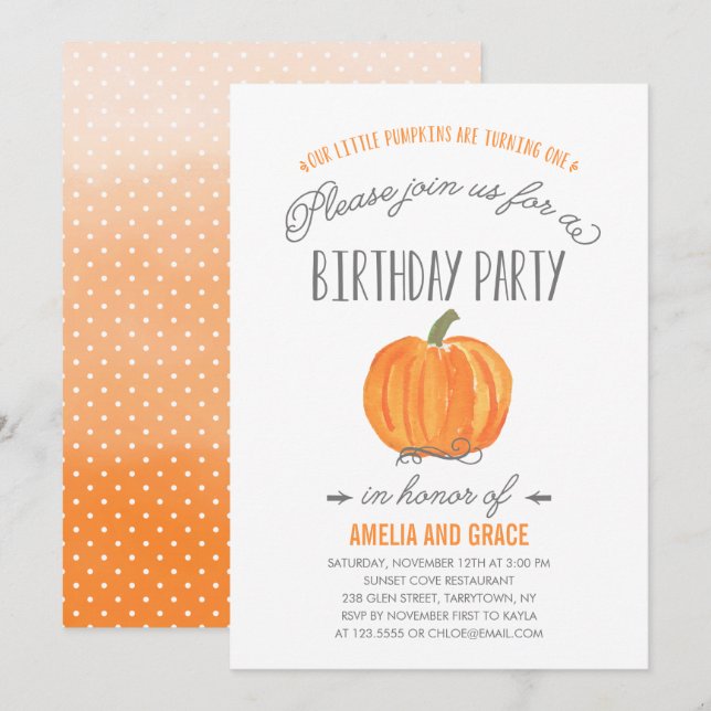 Invitación de primer cumpleaños de TWINS de calaba (Anverso / Reverso)