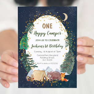 Invitación de primer cumpleaños de un campamento d