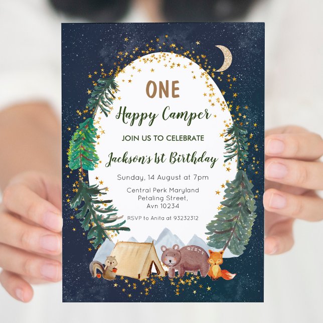 Invitación de primer cumpleaños de un campamento d (Subido por el creador)