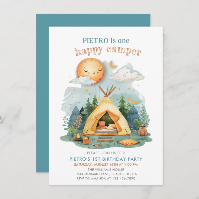 Invitación de primer cumpleaños de un Camper feliz (Anverso / Reverso)
